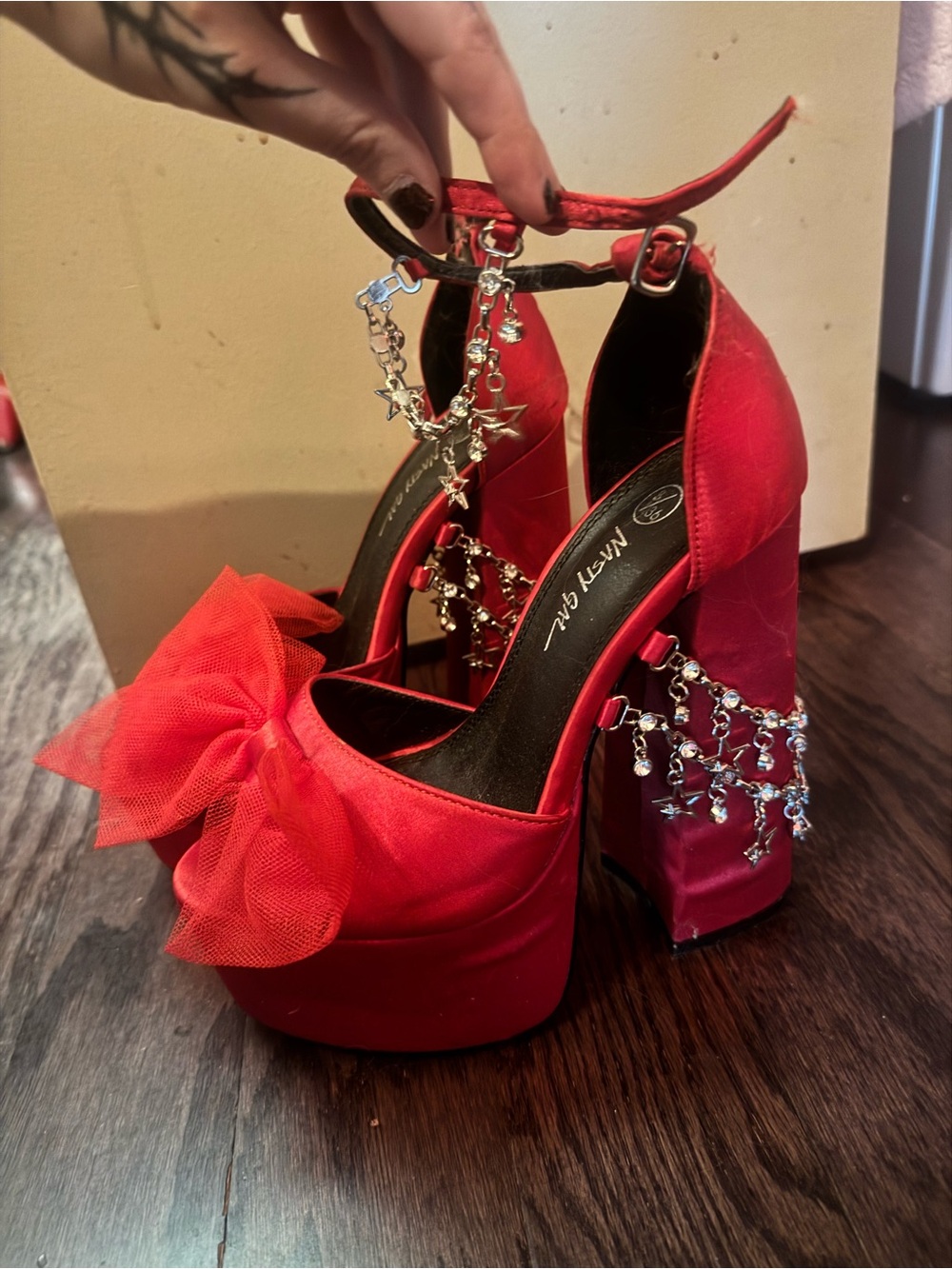 Nasty Gal Red Platform Ankle-Strap Heels with Bow and Crystal Chains
